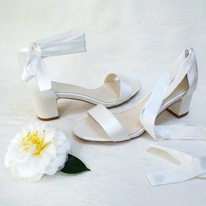 Bella Belle Shoes, Ardelia, Ivory Block Heel Wedding Sandals, Ribbon Ankle Wrap